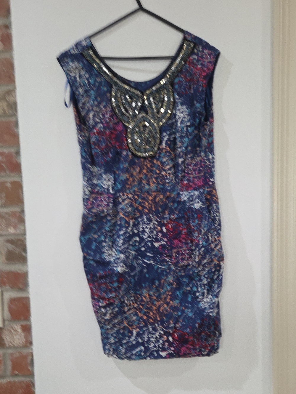 Boohoo Navy Multi-Color Beaded Mini Dress